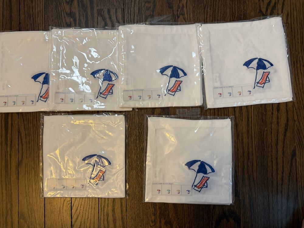 Set Of 24 Embroidered Beach Theme White Cocktail Napkins NEW